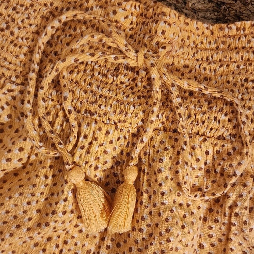 Aerie Smocked Waist Boho Jogger Pants XS Yellow Dot Print Tassel Crinkle Gauze‎ - Picture 11 of 11